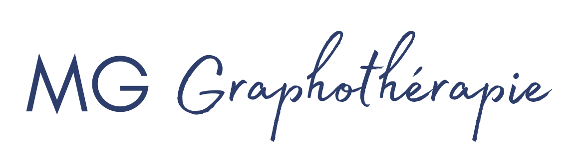 Logo avec le texte MG Graphothérapie en bleu, mélange de majuscules et manuscrit.